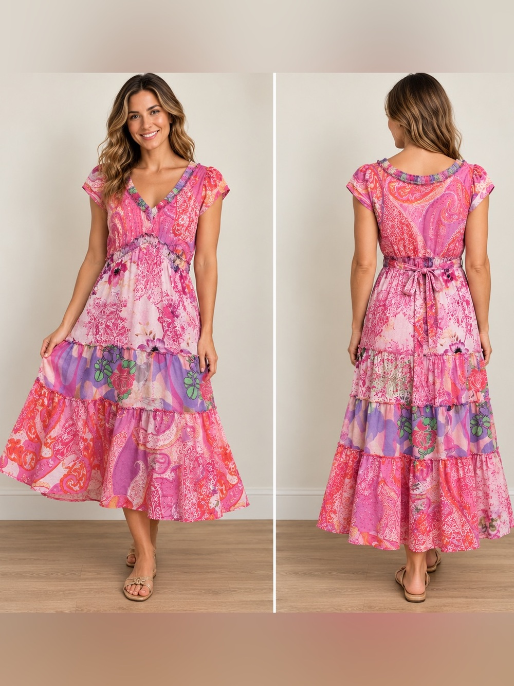 BILA L Pink Paisley Floral Patchwork Tiered Midi Dress Boho Ruffle